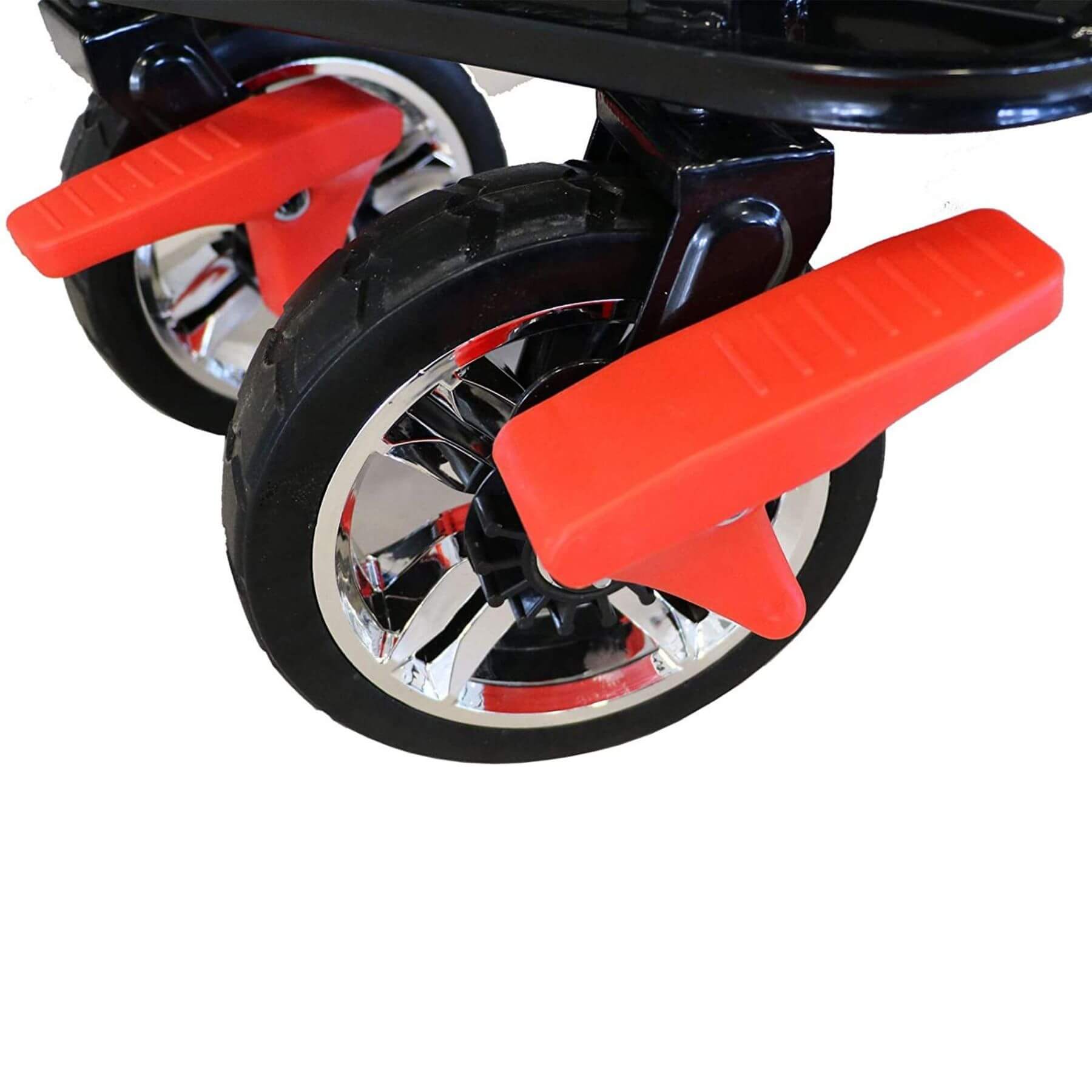 Close-up of a wheel with red foot pegs on a white background