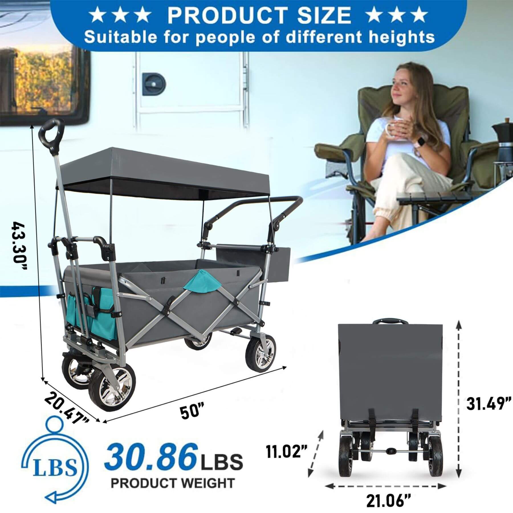Collapsible wagon with canopy, dimensions, weight, and suitability for different heights indicated.