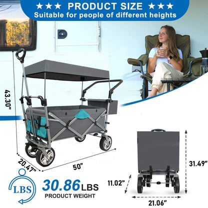 Collapsible wagon with canopy, dimensions, weight, and suitability for different heights indicated.