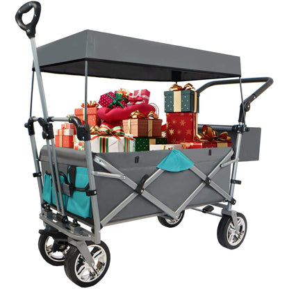 Wagonpro Epert Push & Pull Utility Folding Wagon - Gray Oxford Fabric filled with Christmas presents on a white background
