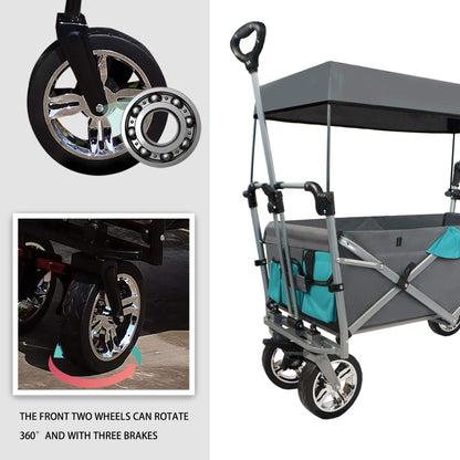 Collage of a gray and teal folding cart with a canopy, focusing on wheels and brakes.