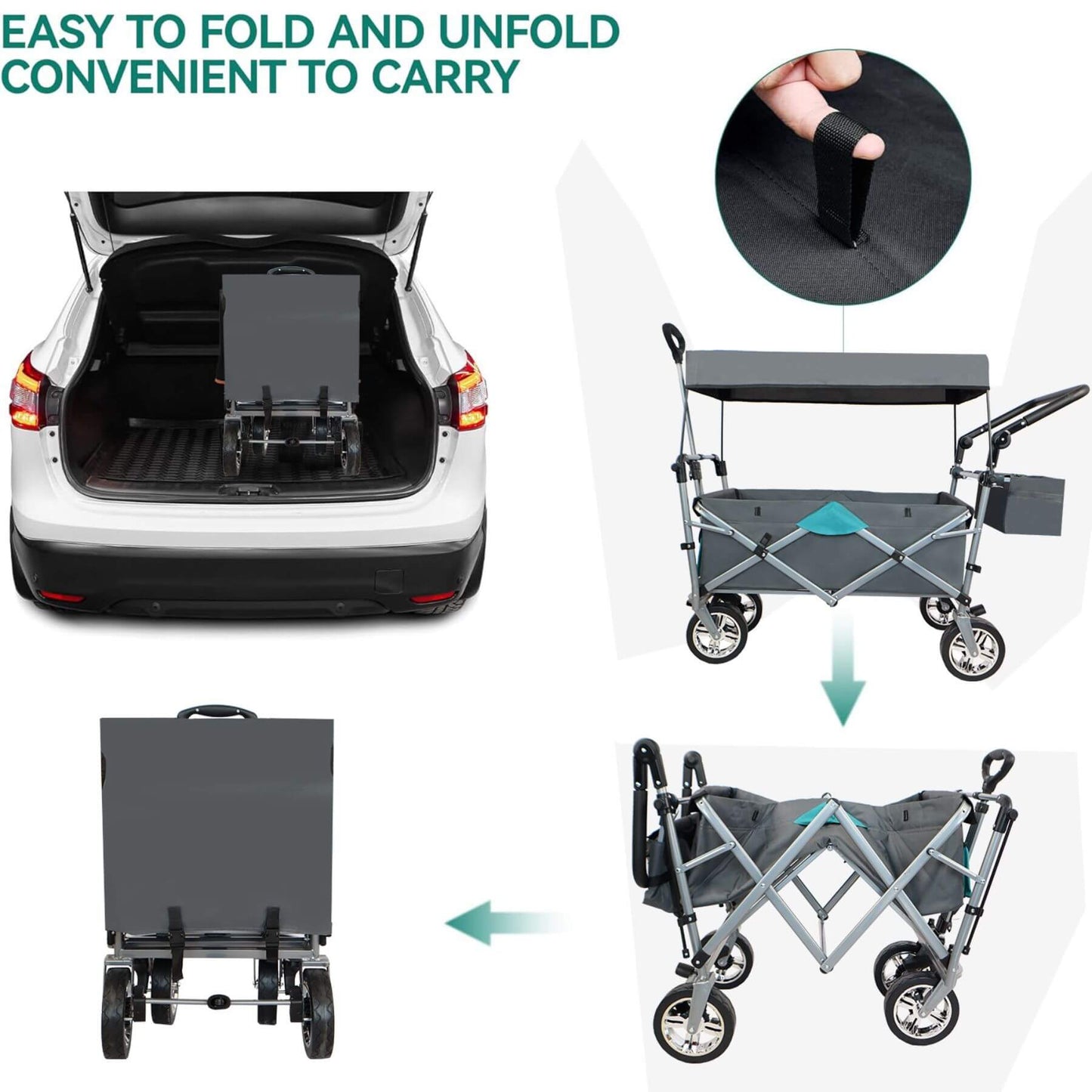 Collapsible folding cart with car trunk space and easy folding mechanism shown.