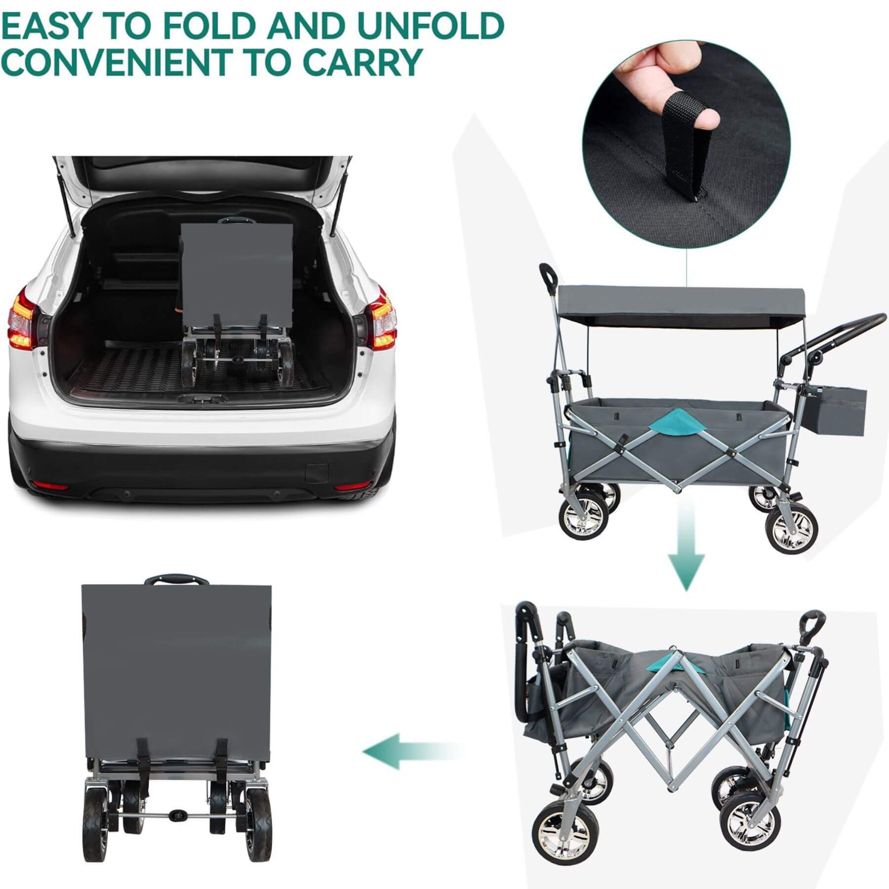 Collapsible folding cart with car trunk space and easy folding mechanism shown.
