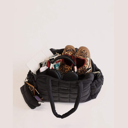 augustnoa the weekender duffle bag black with leopard print shoes and other items