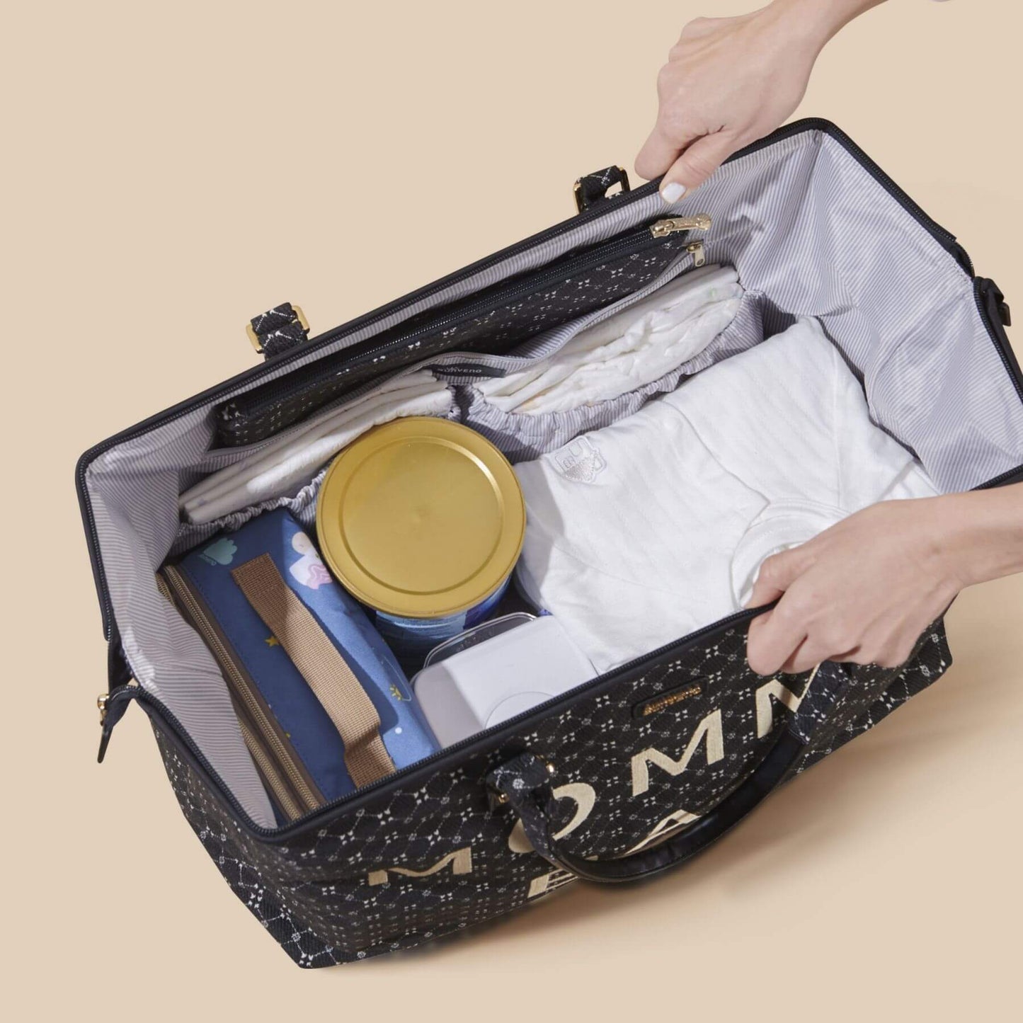 Open Sunveno Weekender Mommy Bag Travel Duffle - Black with items inside