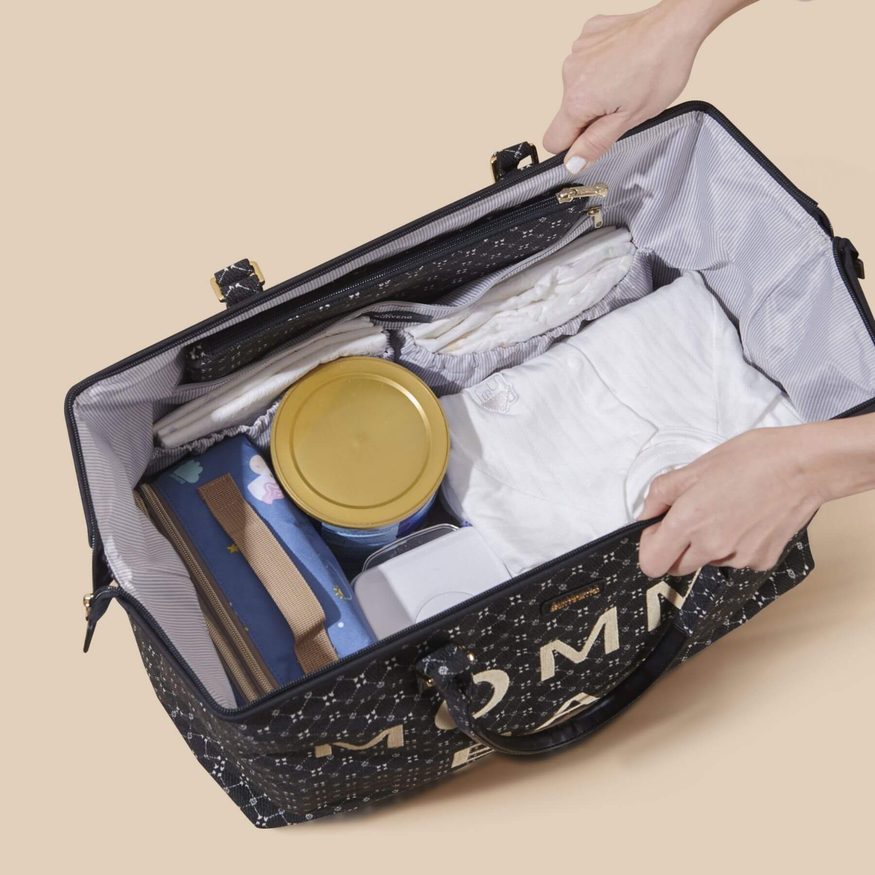 Open Sunveno Weekender Mommy Bag Travel Duffle - Black with items inside