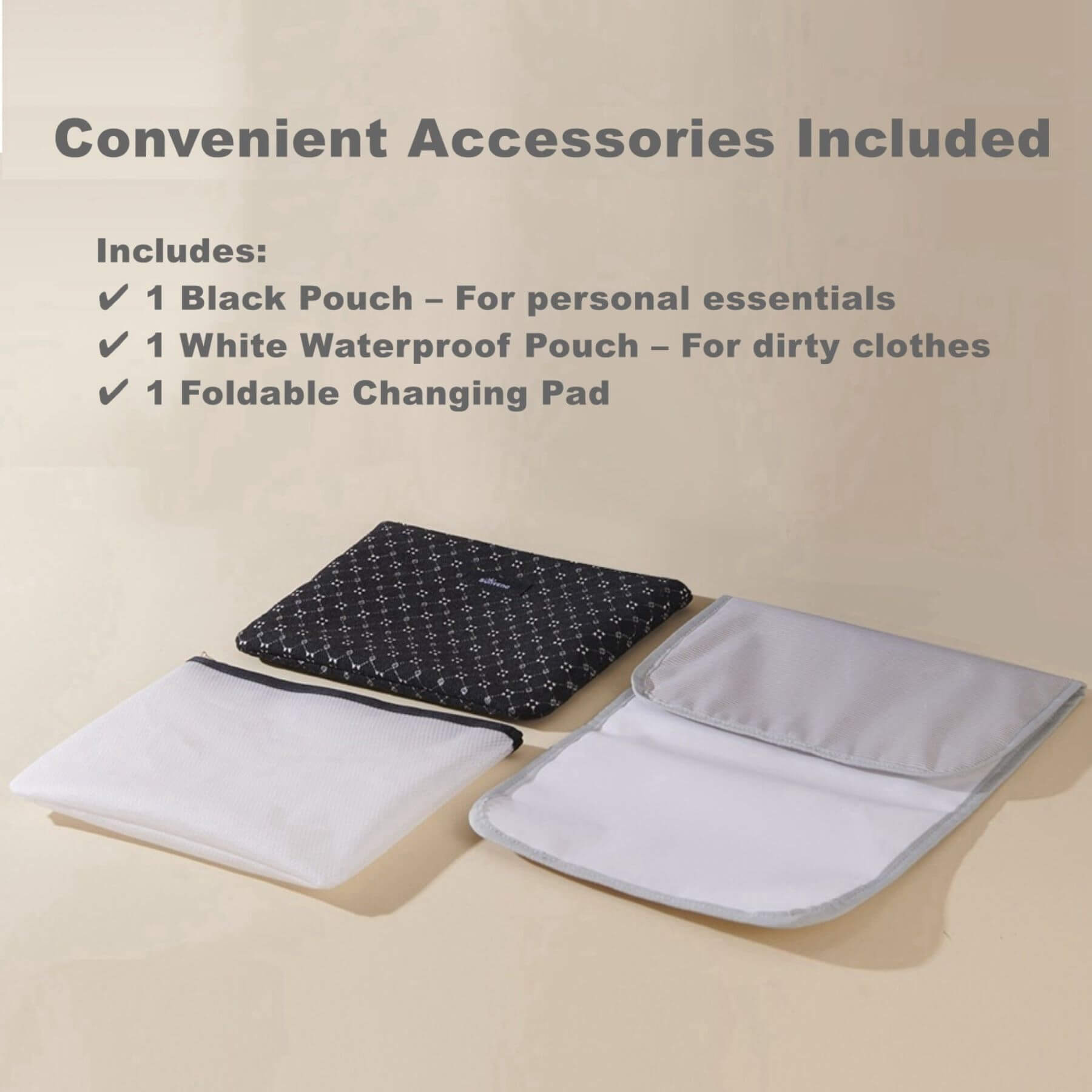 Black pouch, white waterproof pouch, and foldable changing pad on a beige background with text listing included accessories.