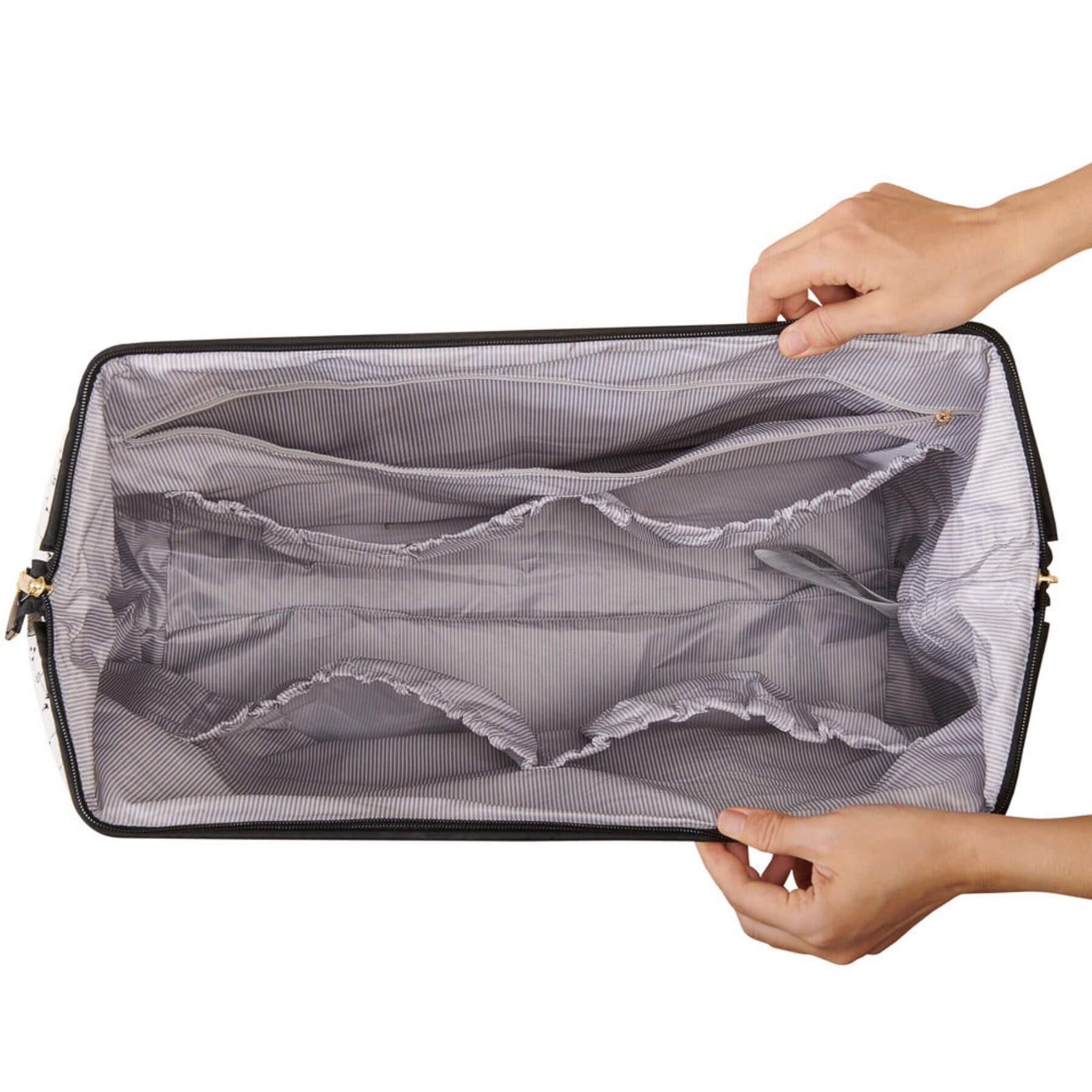 Sunveno Weekender Mommy Bag Travel Duffle - White Classic held open by a hand