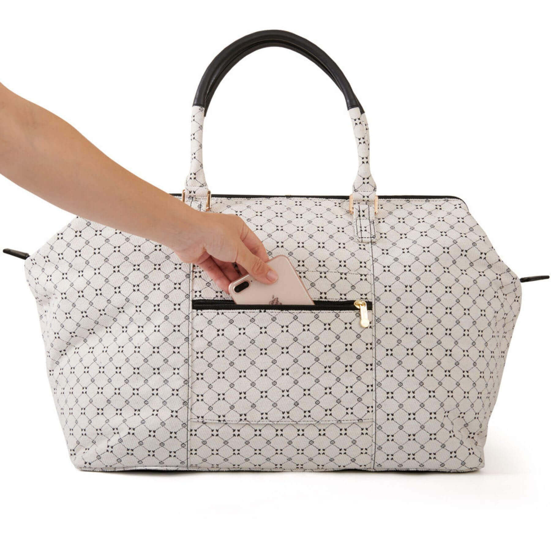 Sunveno Weekender Mommy Bag Travel Duffle - White Classic with a hand reaching in to open a zipper pocket
