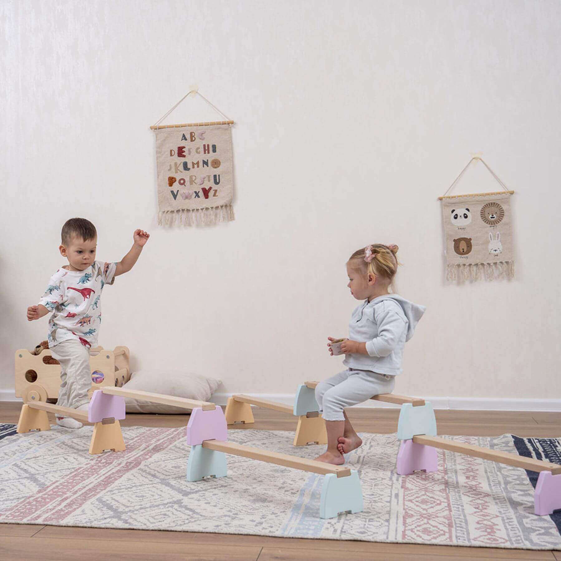 Kids Playing Wood and Hearts Balance Beam Set