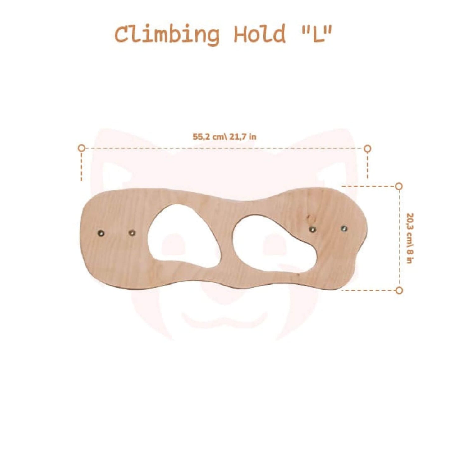 Wooden climbing hold labeled 'L' with measurements on a white background