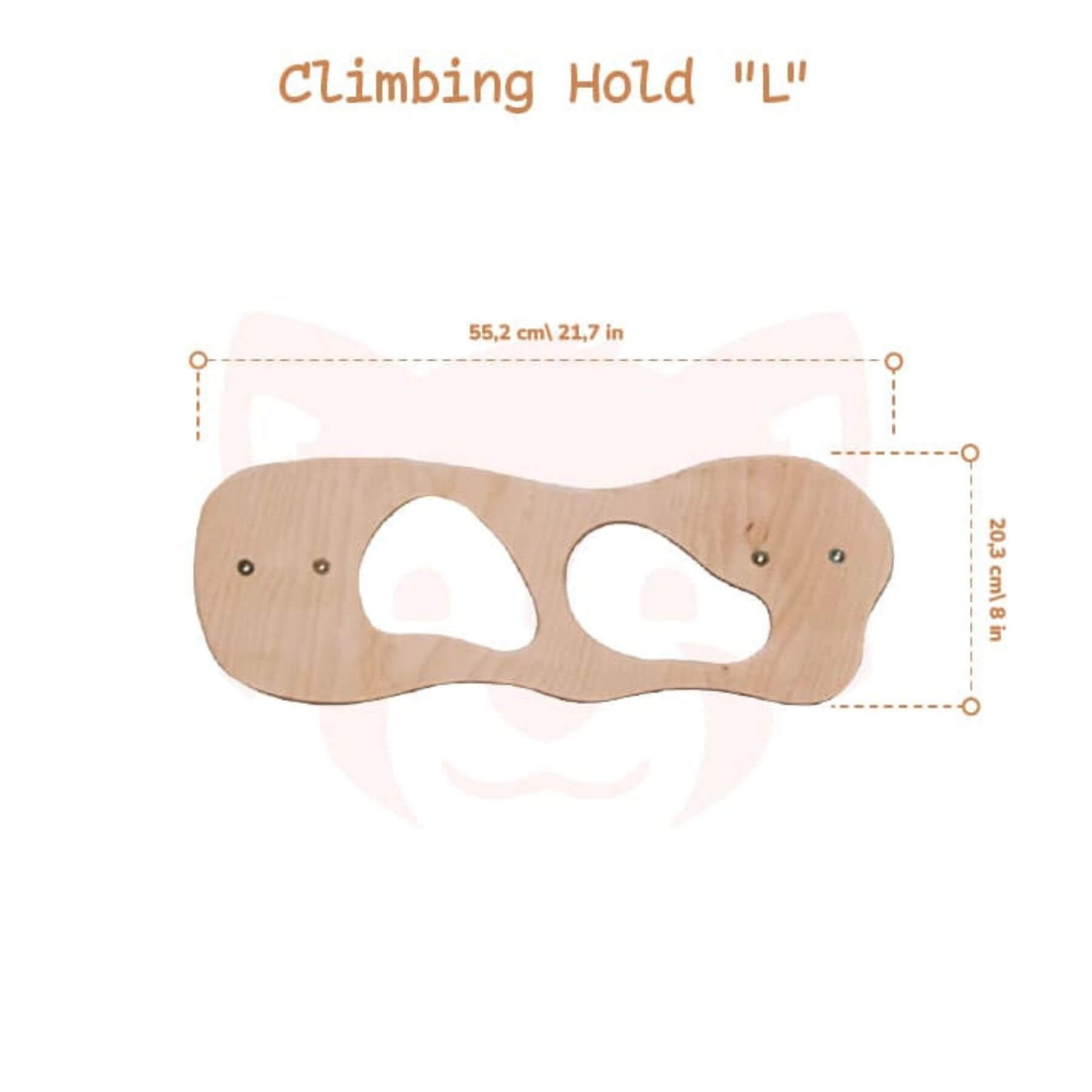 Wooden climbing hold labeled 'L' with measurements on a white background