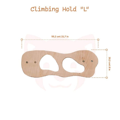 Wooden climbing hold labeled 'L' with measurements on a white background