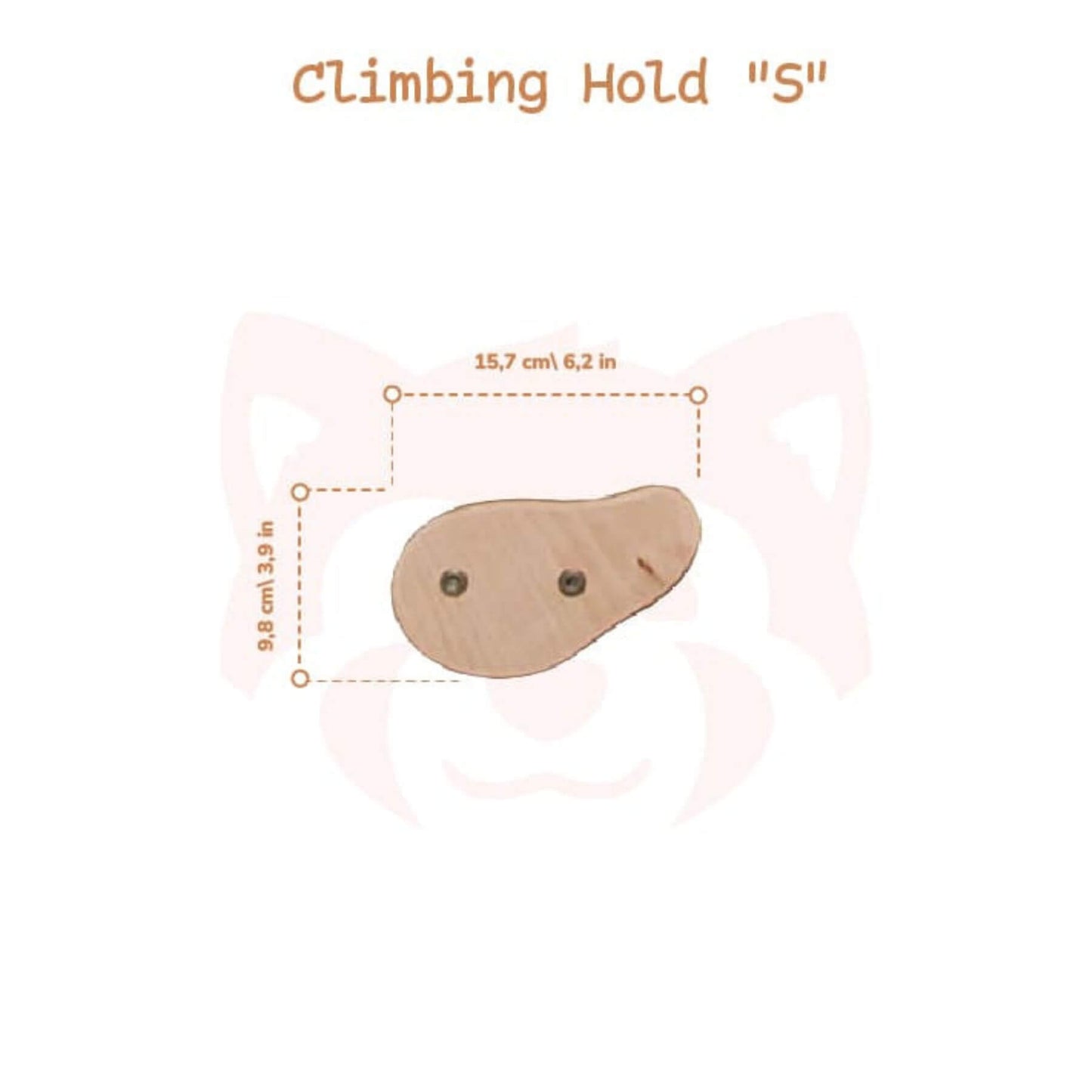 Wooden climbing hold labeled 'S' with measurements on a white background