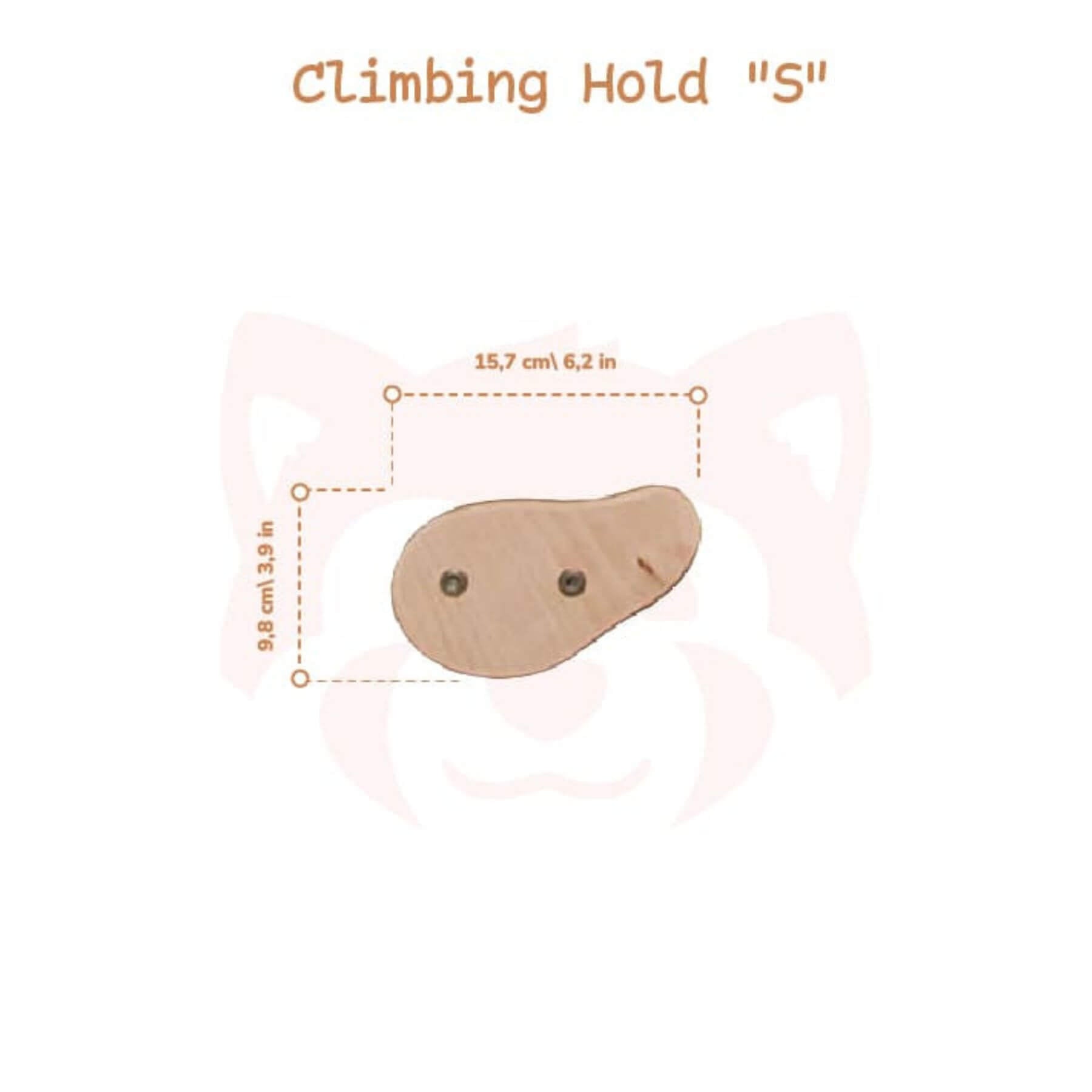 Wooden climbing hold labeled 'S' with measurements on a white background