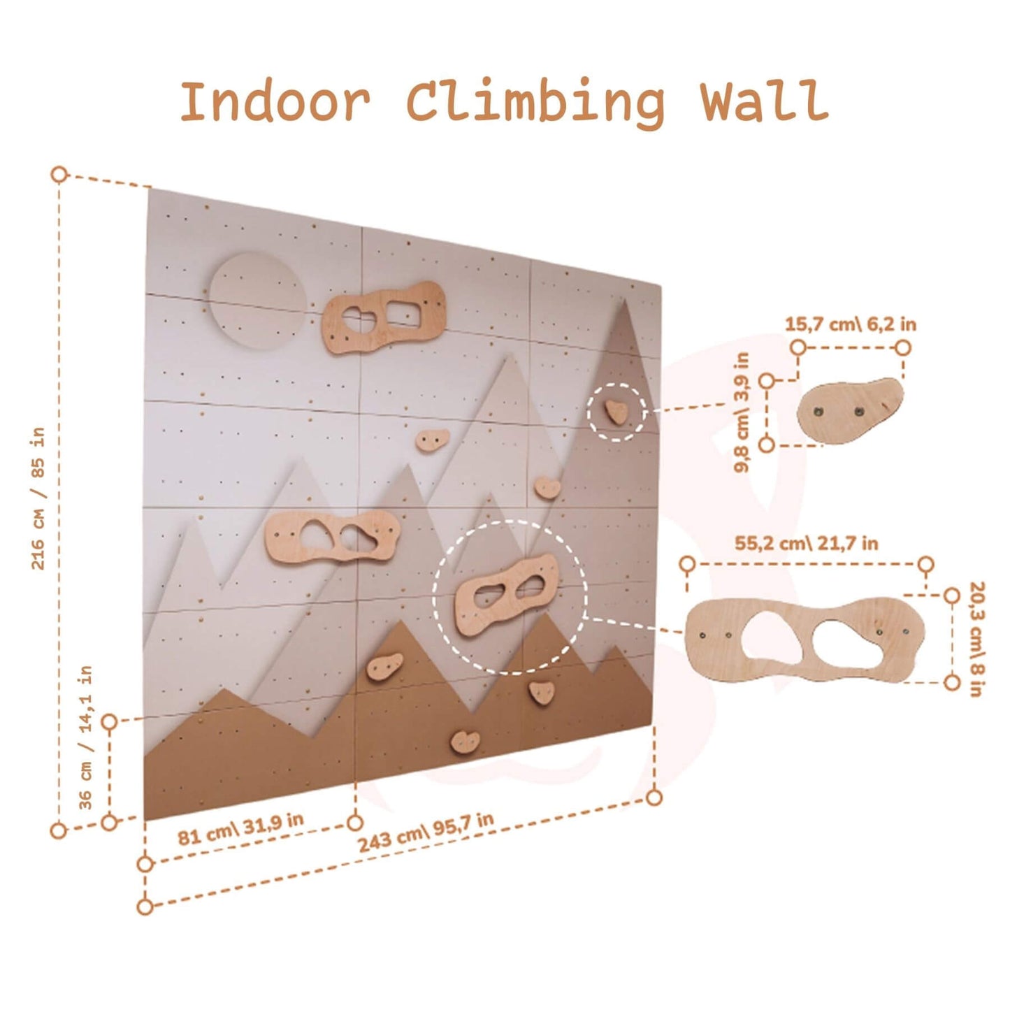 Wood and Hearts Indoor Climbing Wall and measurements on a white background