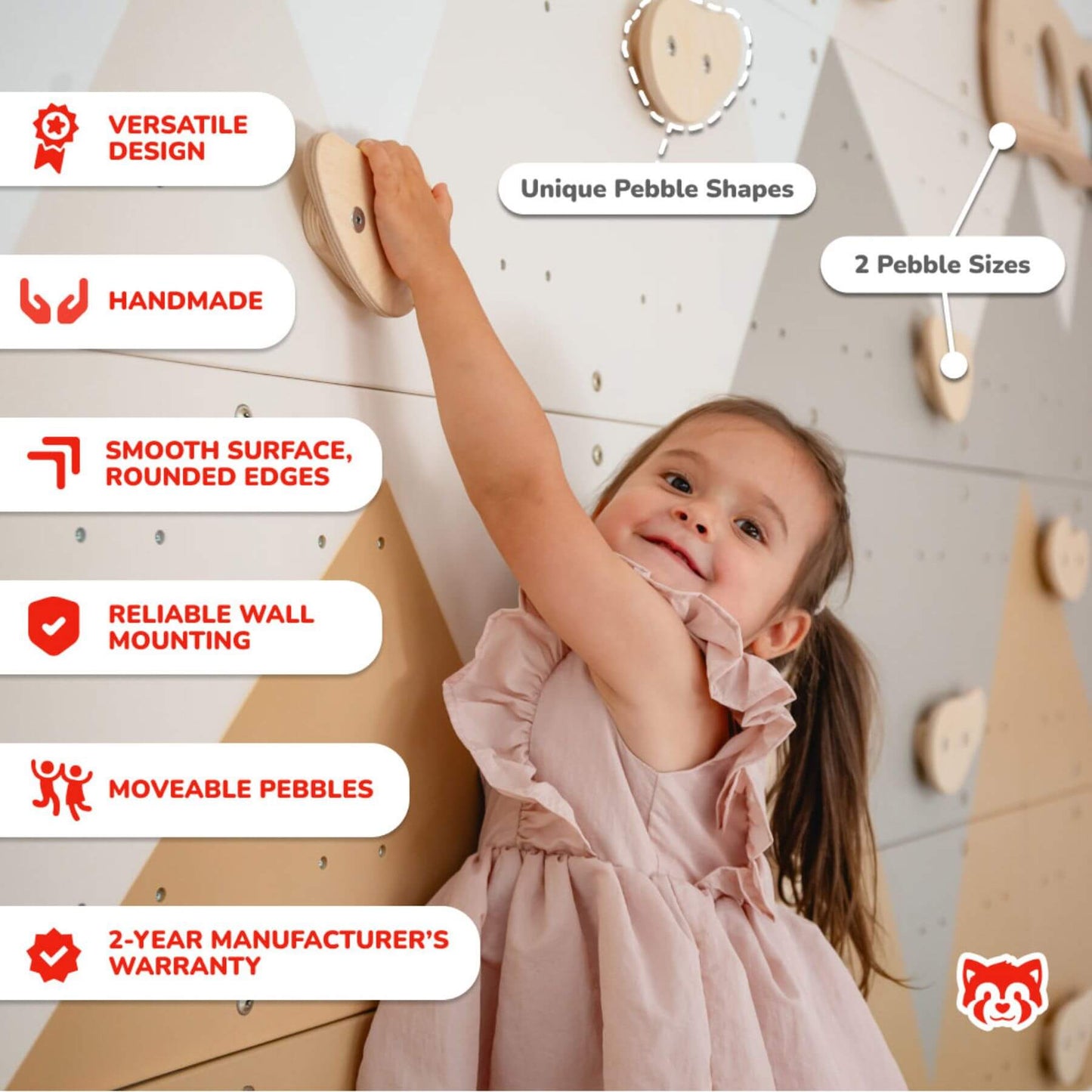 Child playing with Wood and Hearts Indoor Climbing Wall, with text highlighting features.