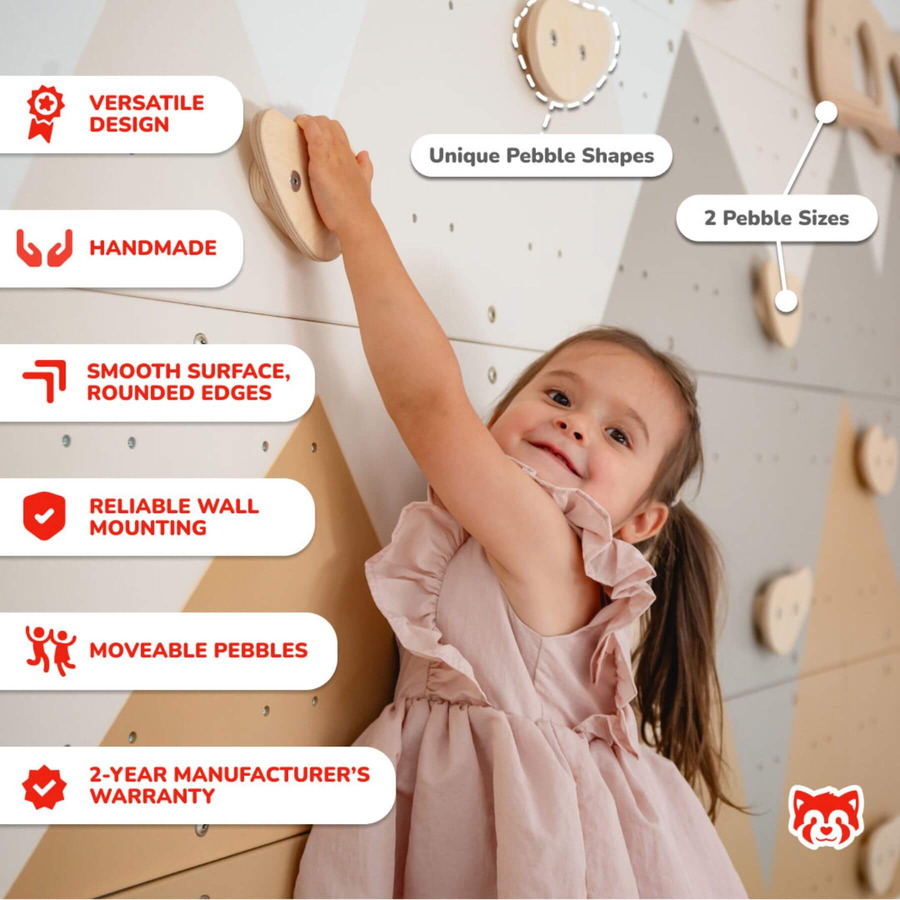 Child playing with Wood and Hearts Indoor Climbing Wall, with text highlighting features.