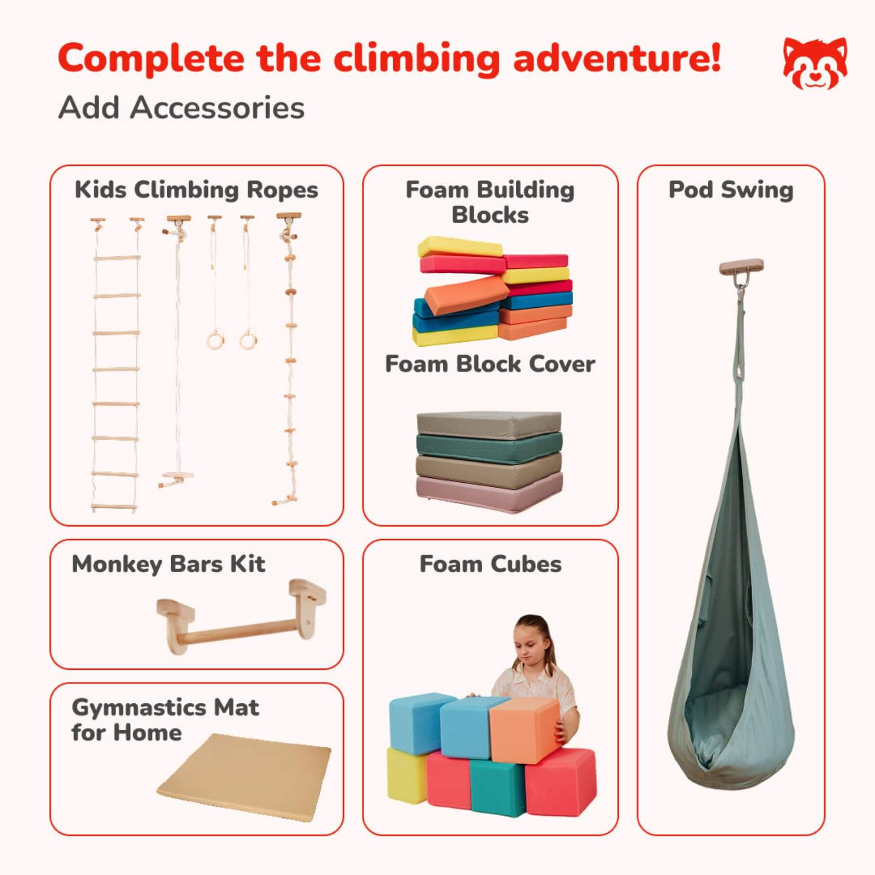Product display of climbing accessories with text 'Complete the climbing adventure!' and a logo on a white background.