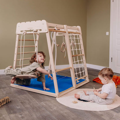 Kids Playing Wood and Hearts Indoor Jungle Gym - Trapeze + 4 Rope