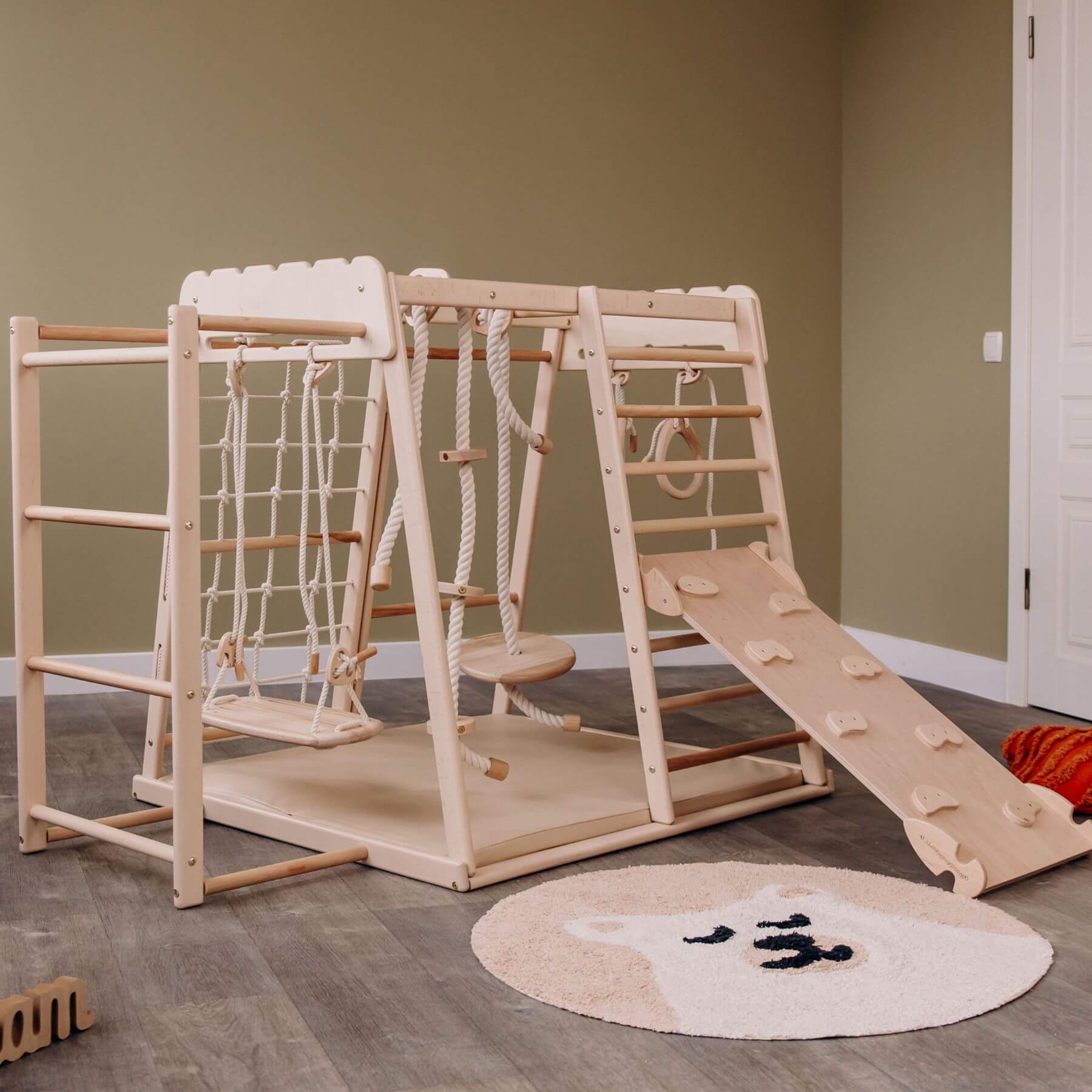 Wood and Hearts Indoor Jungle Gym - Trapeze + Ladder + Mat + 4 Ropes