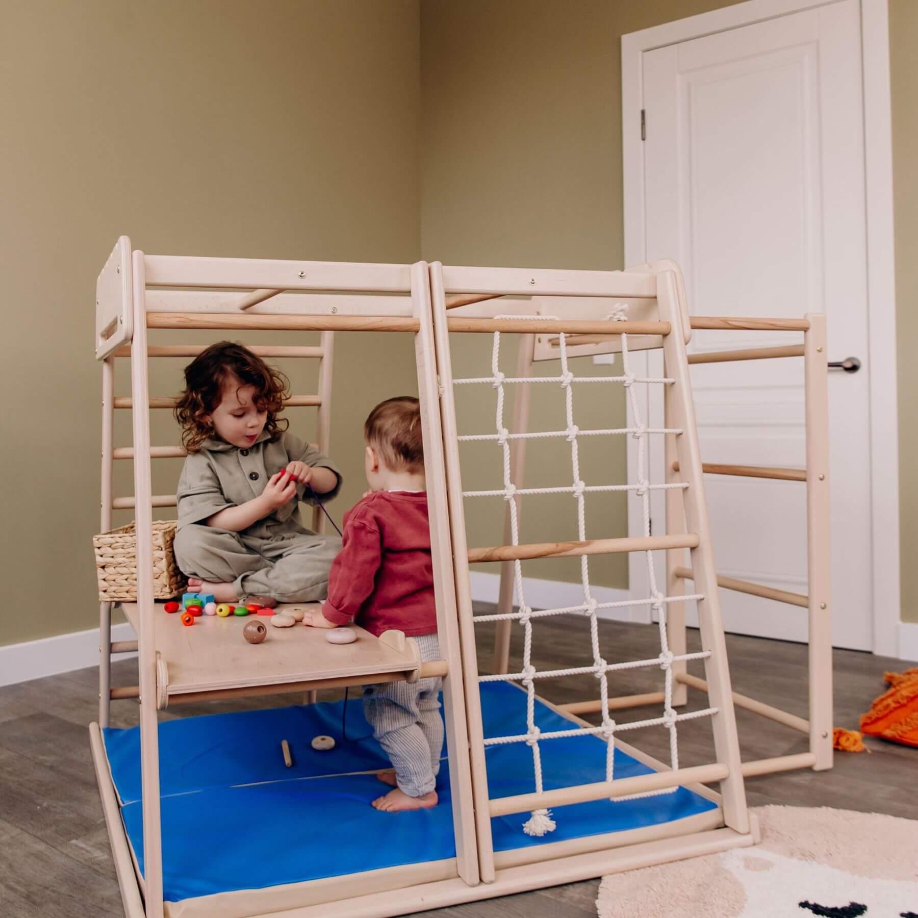 Kids Playing on Wood and Hearts Indoor Jungle Gym - Trapeze + Ladder + Ramp + Mat