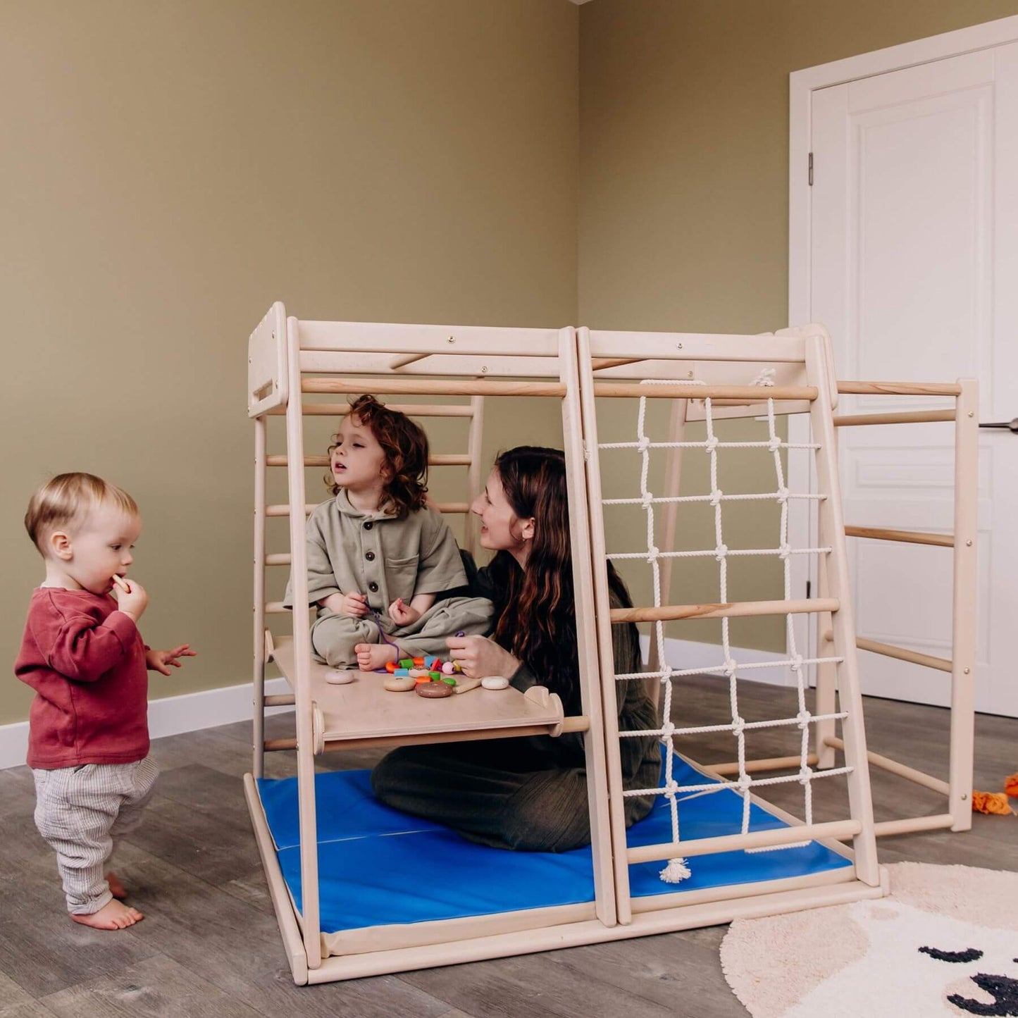 Kids Playing on Wood and Hearts Indoor Jungle Gym - Trapeze + Ladder + Ramp + Mat