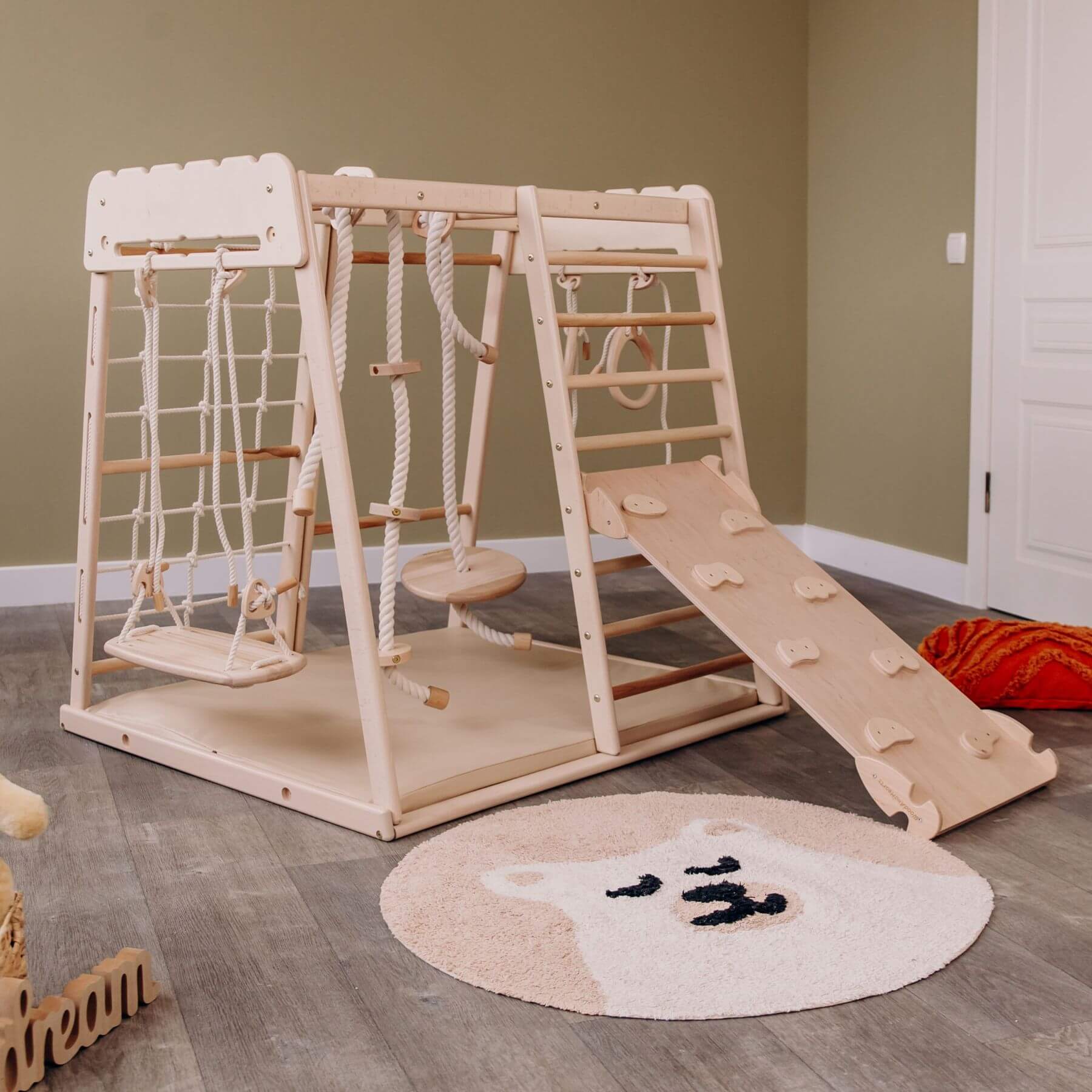 Wood and Hearts Indoor Jungle Gym - Trapeze + Mat + Ramp + 4 Rope