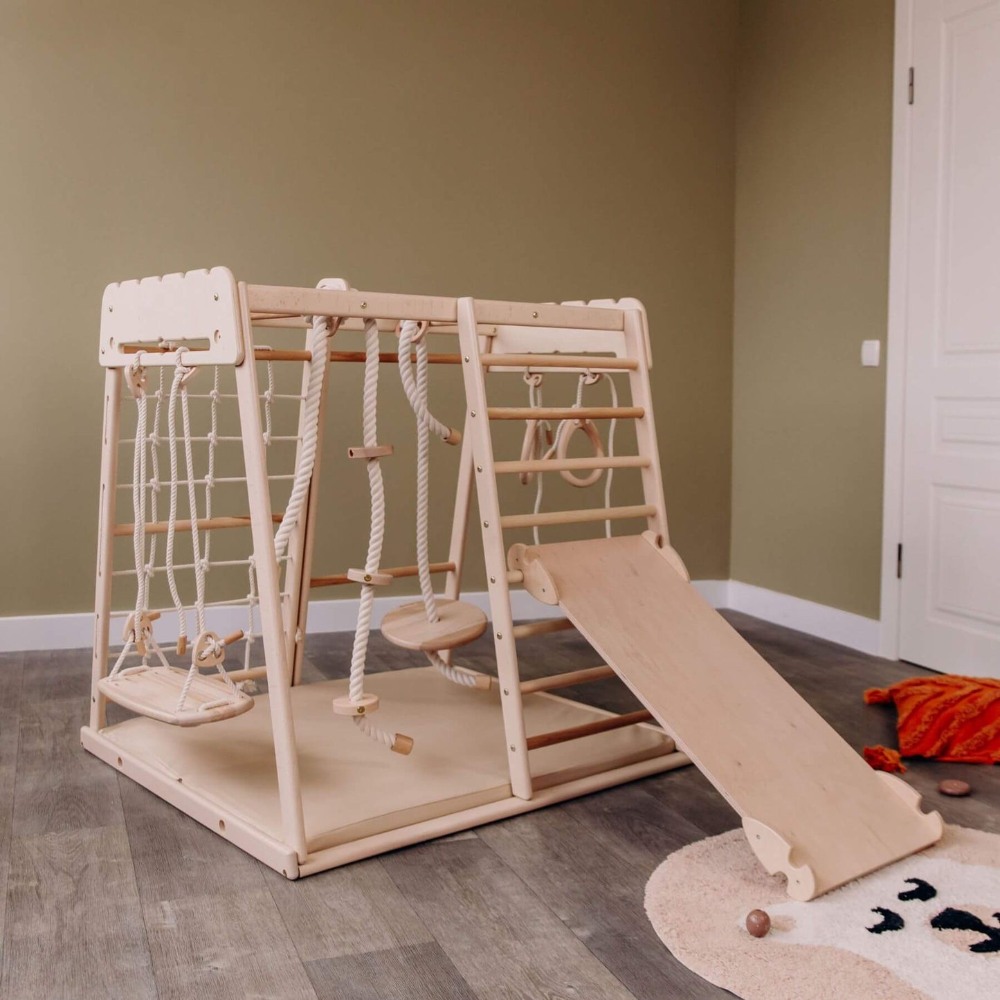 Wood and Hearts Indoor Jungle Gym - Trapeze + Mat + Ramp + 4 Rope