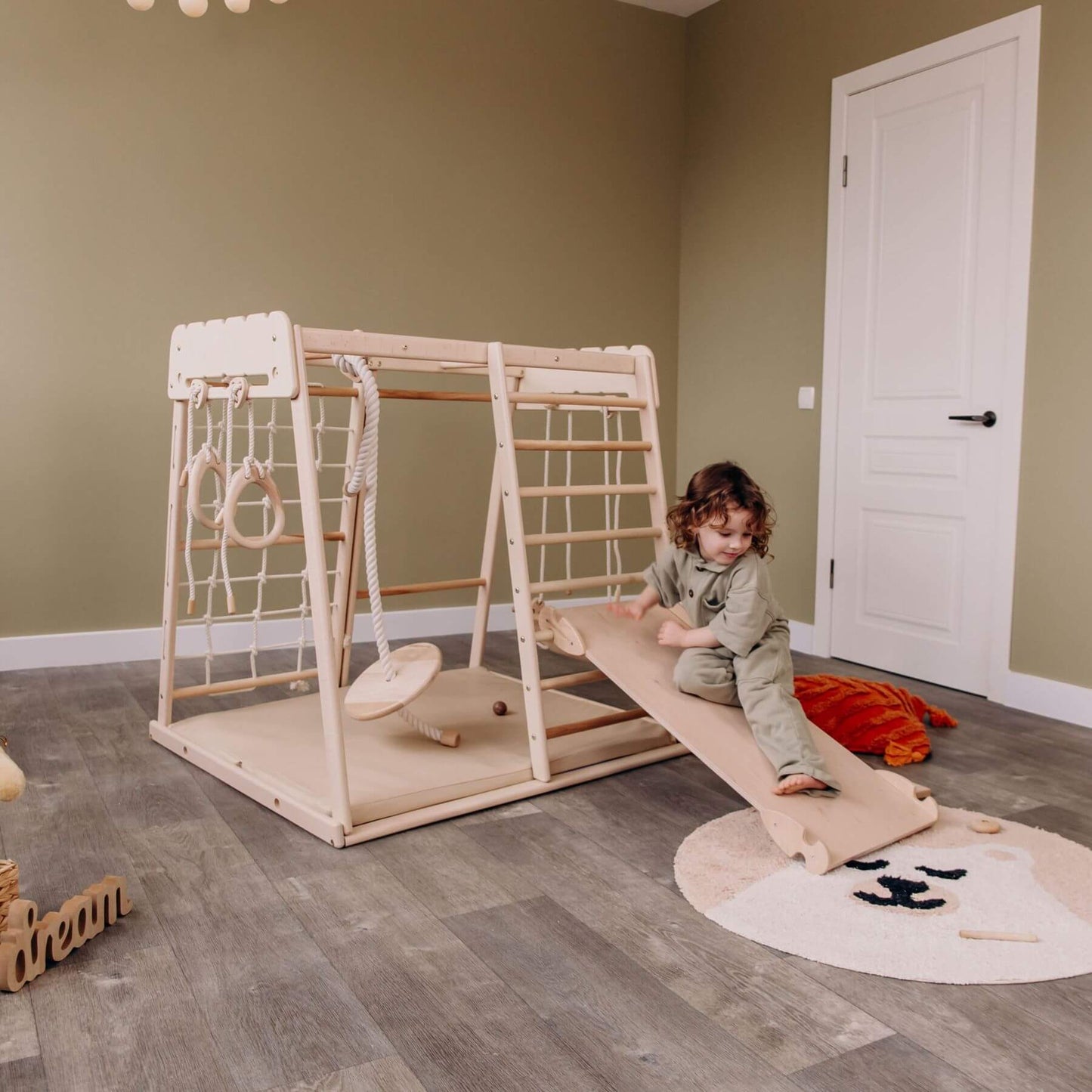 Kid Playing on Wood and Hearts Indoor Jungle Gym - Trapeze + Mat + Ramp + 4 Rope