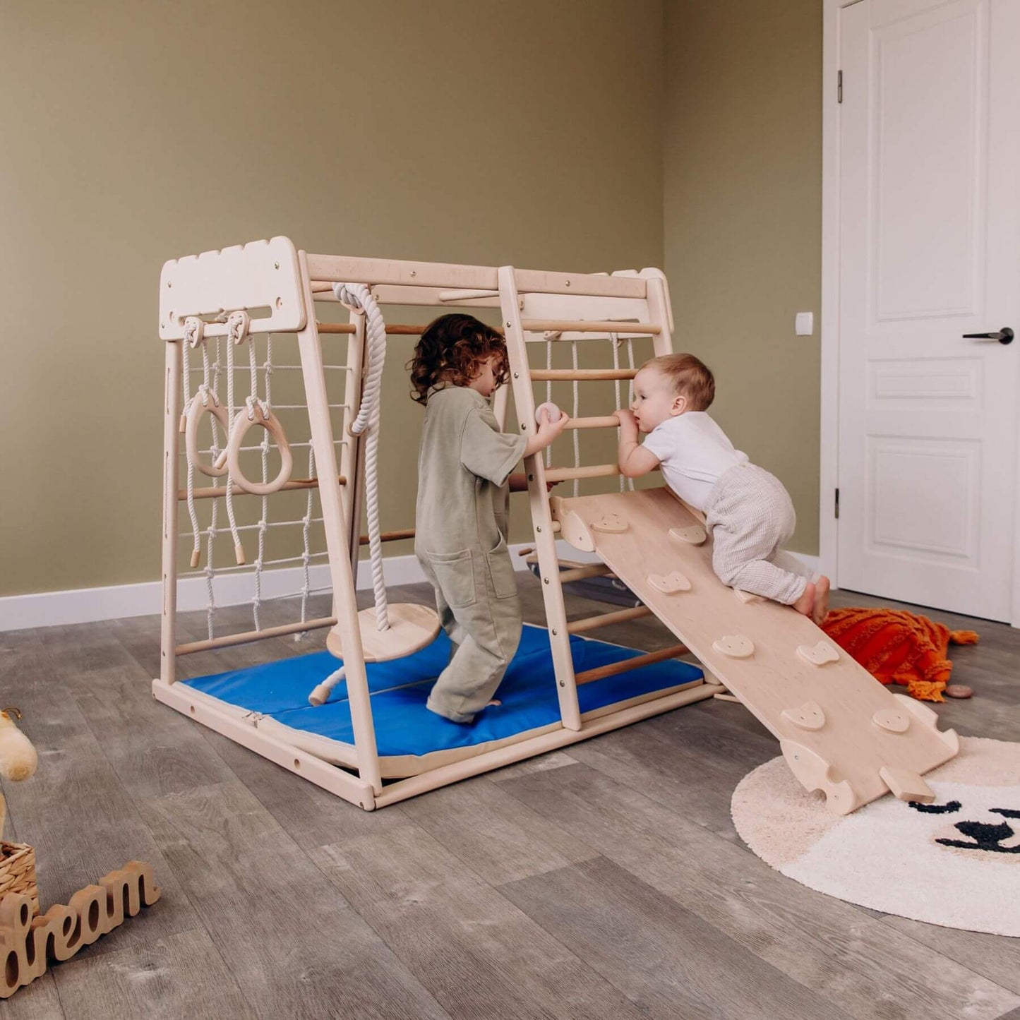 Kids Playing on Wood and Hearts Indoor Jungle Gym - Trapeze + Mat + Ramp + 4 Rope