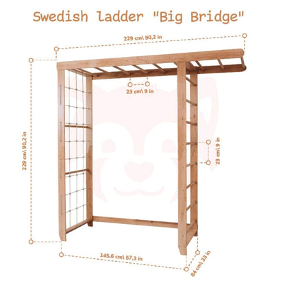 Wood and Hearts Indoor Monkey Bars - Natural labeled 'Big Bridge' with measurements on a white background