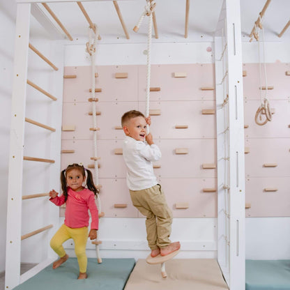 Two children playing on Wood and Hearts Indoor Monkey Bars - White