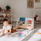 Boy Crawling near Wood and Hearts Kids Bookshelf in White & Natural Wood