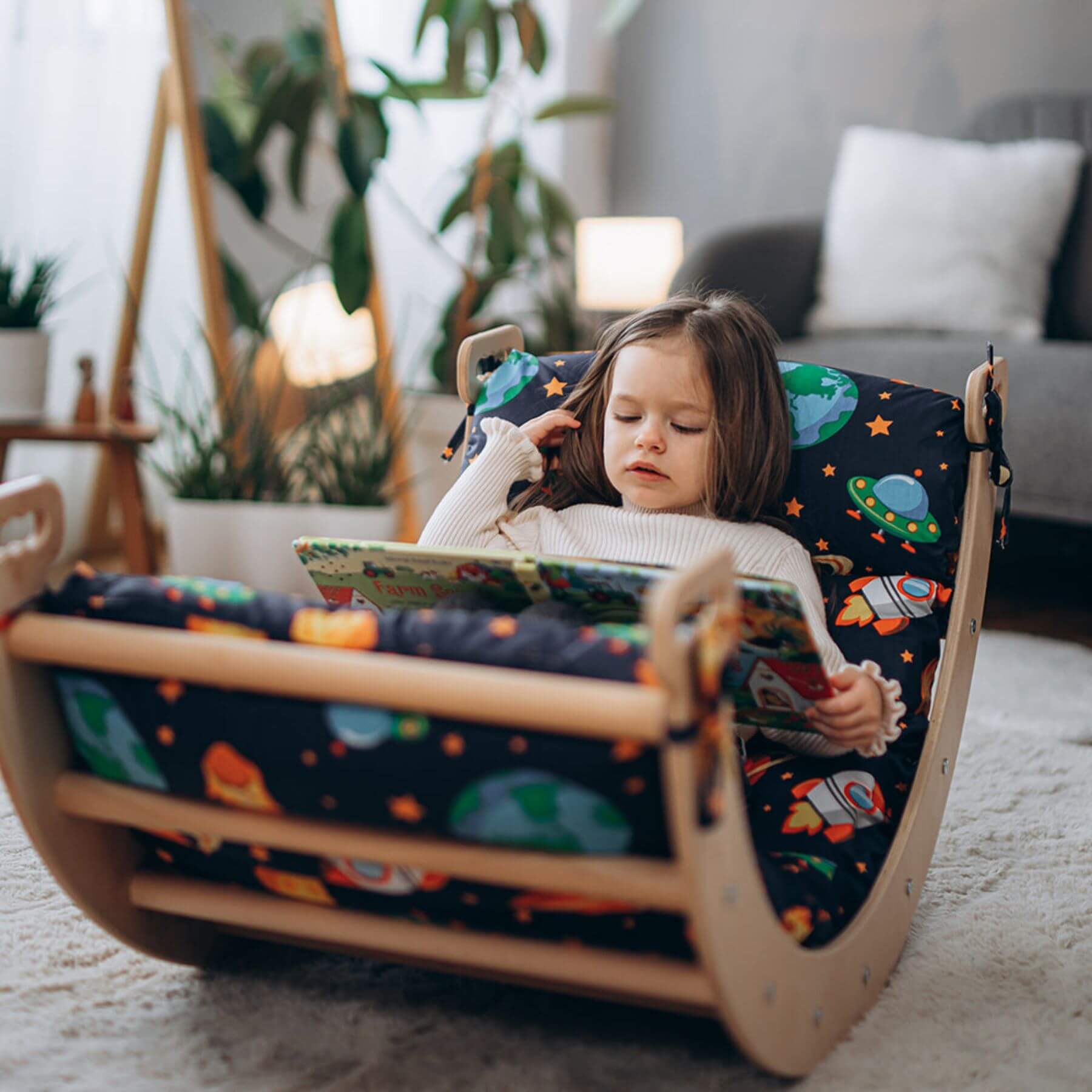 Girl Reading on Wood and Hearts Large Climbing Arch + Pillow Open Space