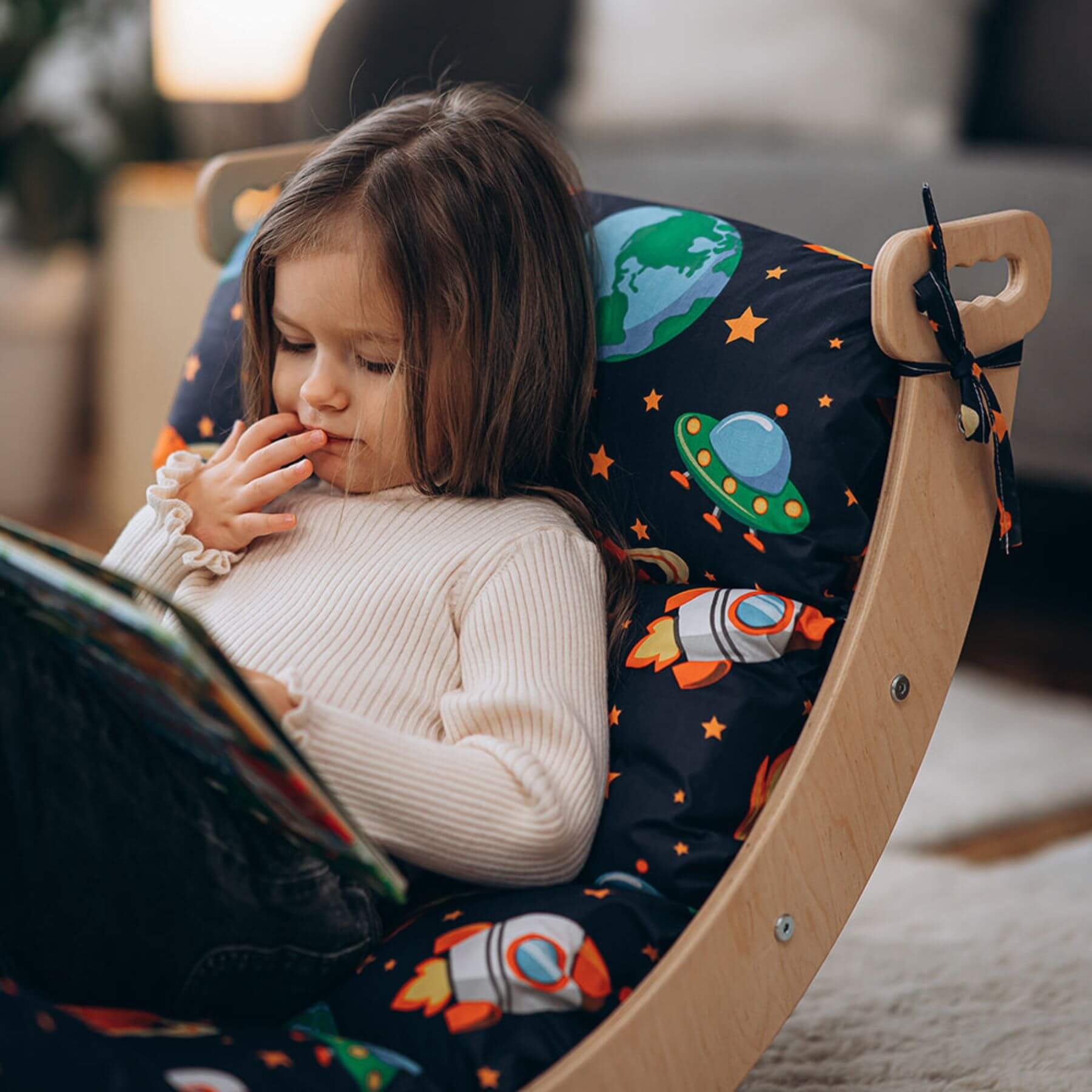 Girl Reading on Wood and Hearts Large Climbing Arch + Pillow Open Space