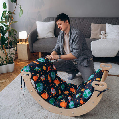 Man Setting up Wood and Hearts Large Climbing Arch + Pillow Open Space