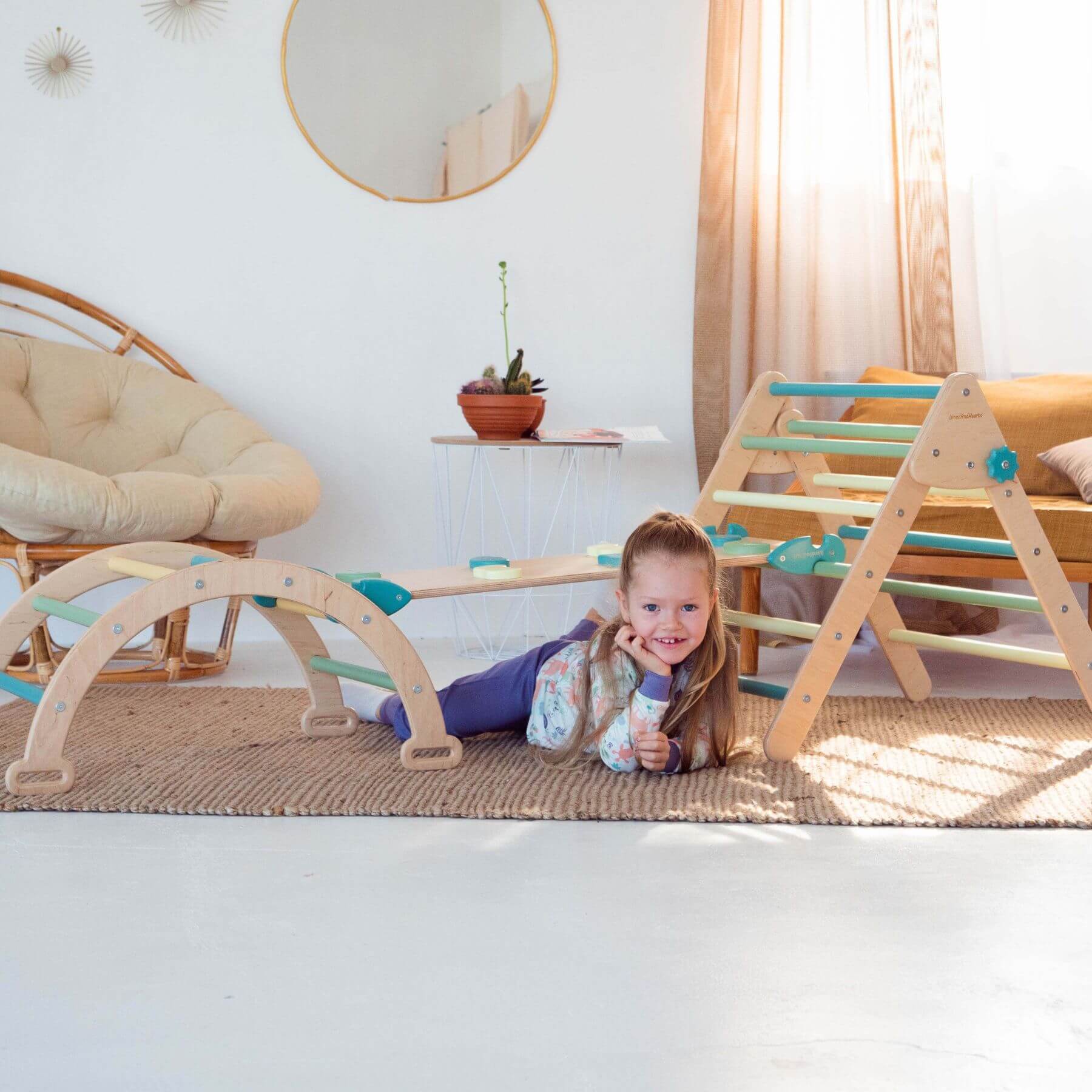 Girl Lying near Wood and Hearts Montessori Climbing Set of 3