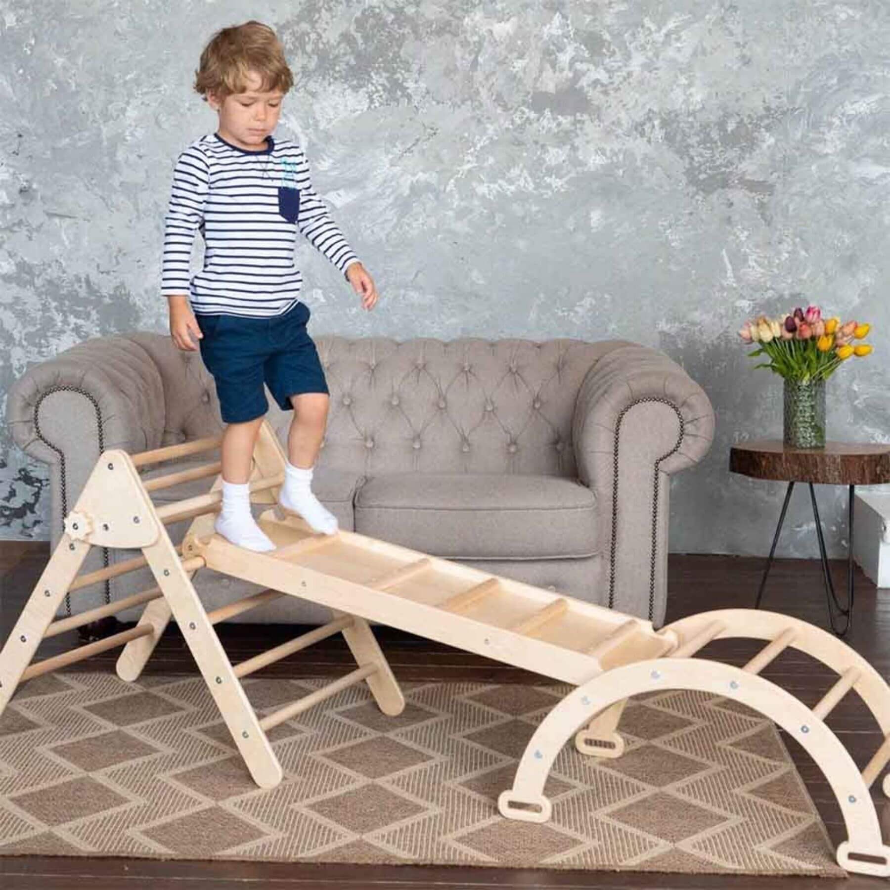 Boy Standing on Wood and Hearts Montessori Climbing Set of 3