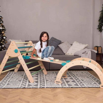 Girl Sitting on Wood and Hearts Montessori Climbing Set of 3