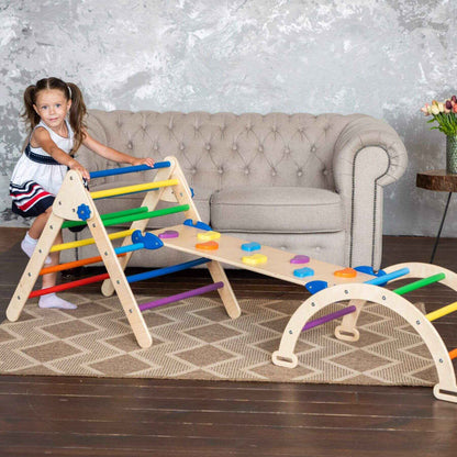 Girl Climbing on Wood and Hearts Montessori Climbing Set of 3