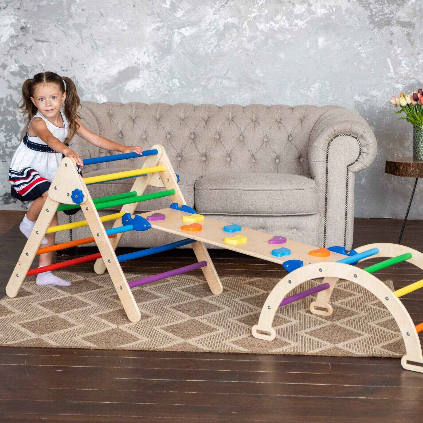 Girl Climbing on Wood and Hearts Montessori Climbing Set of 3