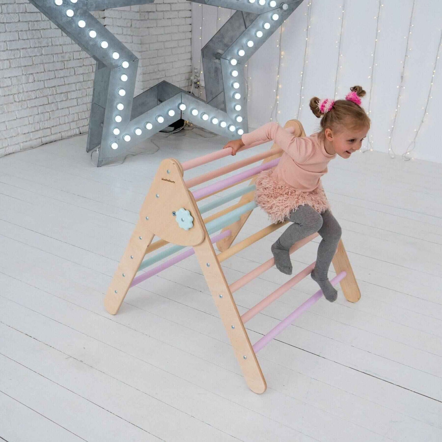Girl Climbing on Wood and Hearts Montessori Foldable Triangle Natural Wood + Pastel