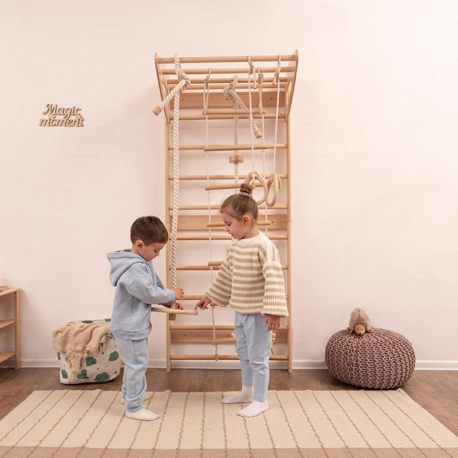 Kids Playing Wood and Hearts Swedish Wall - Two Parts