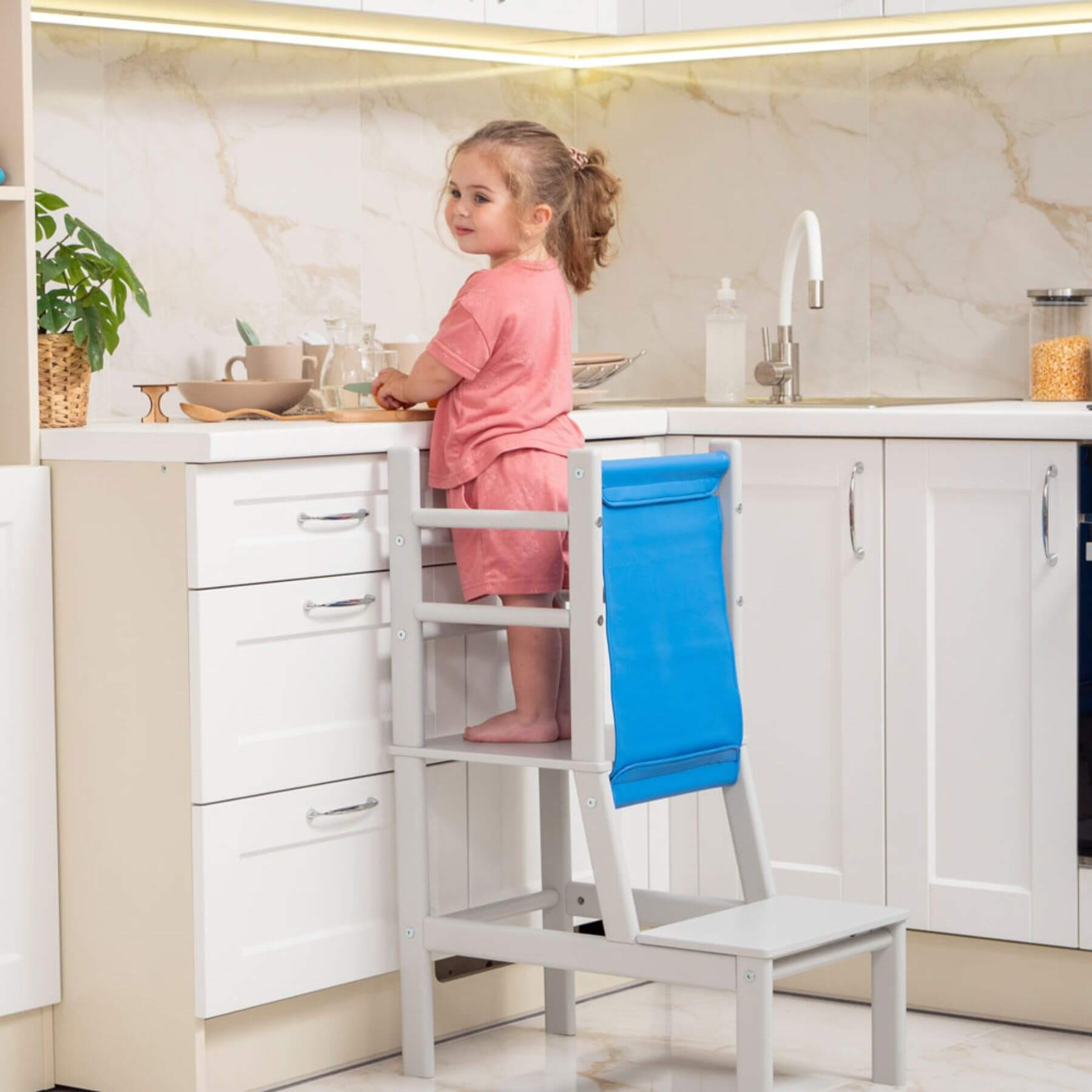 Girl Standing on Wood and Hearts Toddler Standing Tower Grey