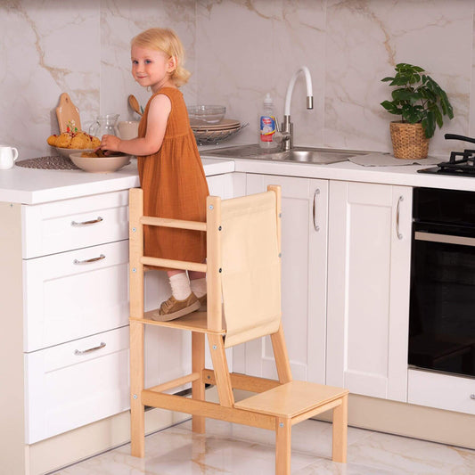 Girl Standing on Wood and Hearts Toddler Standing Tower Natural
