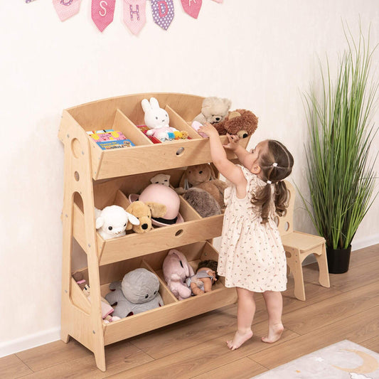 Girl Putting Toys in Wood and Hearts Toy Storage Organizer