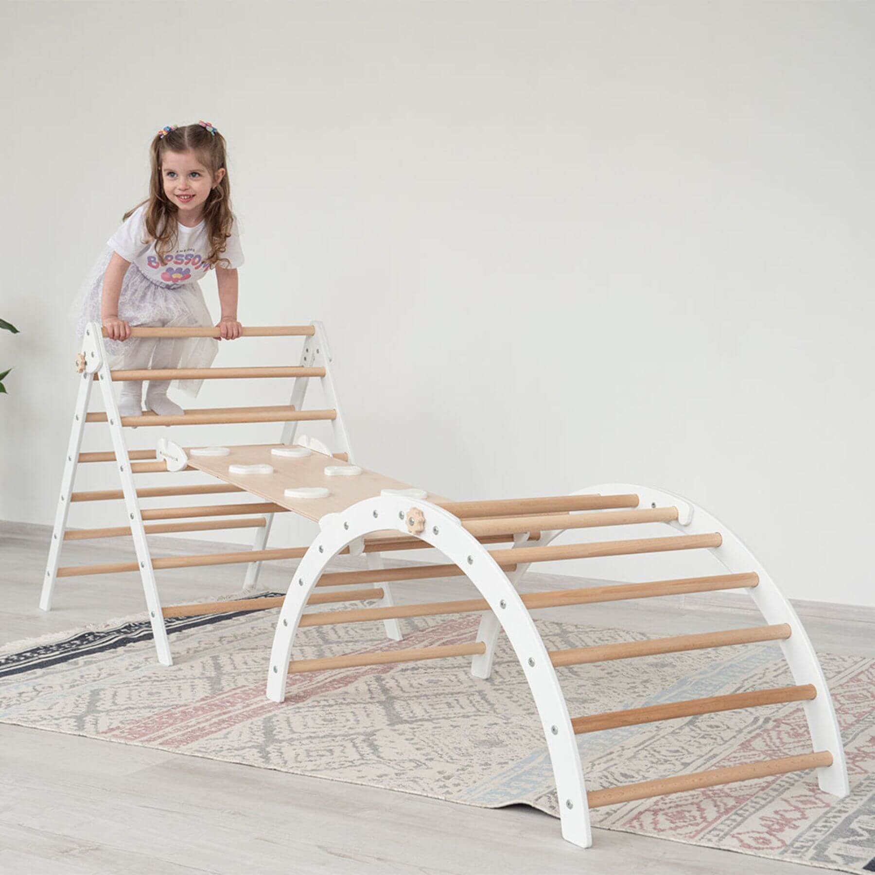 Girl Climbing on Wood and Hearts Triangle Climber Set Natural & White