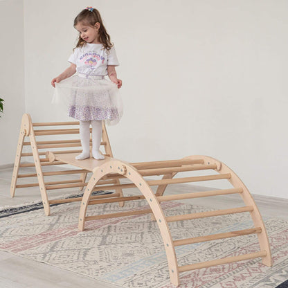 Girl Standing on Wood and Hearts Triangle Climber Set Natural