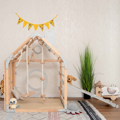 Wood and Hearts Wooden Climbing Playhouse Natural & Grey w/ Ramp